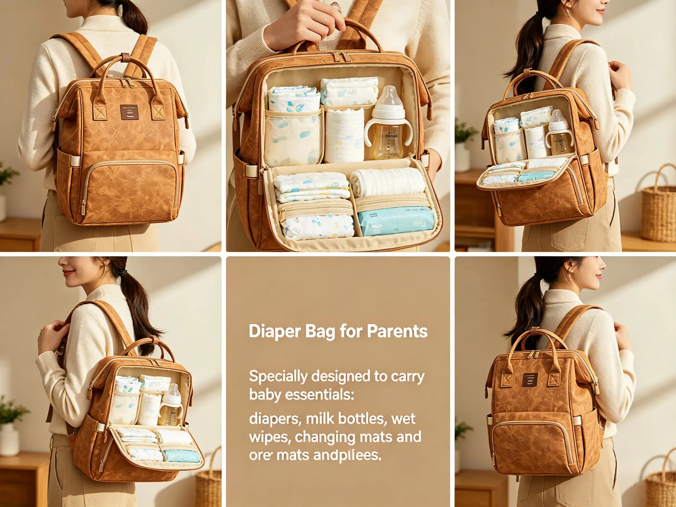 Premium Vegan Leather Diaper Bag Interior Functional Pockets